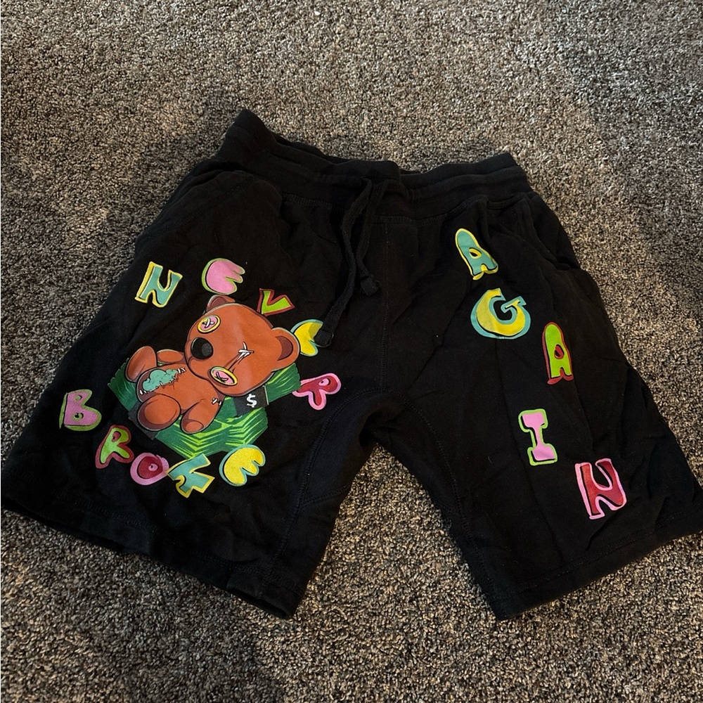 Black Graphic Shorts with Colorful Bear Design